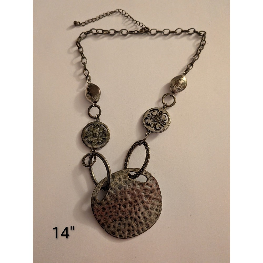 Antiqued Silver Hammered Statement Necklace Boho Floral Etched Medallion 14"